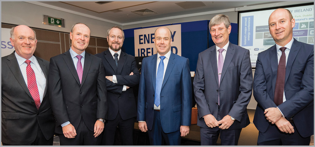Gerry Walsh, Conference Chair; Dave Kirwan, Bord Gáis Energy; Jim Gannon, Sustainable Energy Authority of Ireland; Minister for Communications, Climate Action and Environment, Denis Naughten, TD; Pat O’Doherty, ESB and Stephen Wheeler, SSE.